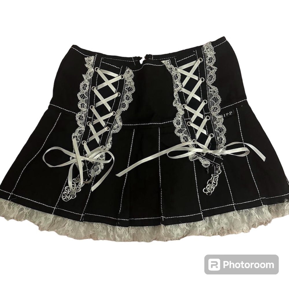 TRIPP Women's Lolita Pleated Skirt Lace Ribbon Black White Size xs